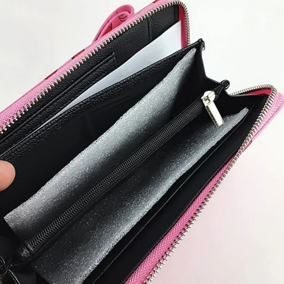 Betsey Johnson Clutch Wallet Zip Around Barbie Pink Lipstick Bow Faux Leather - Picture 10 of 16